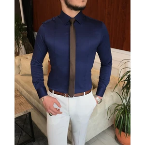 Terzi Adem Italyan Stil Slim Fit Erkek Kravat Yaka Gömlek Lacivert T6814