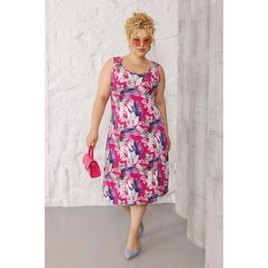 Kadın Pembe Beyaz Floral Desen Askılı Büyük Beden Elbise