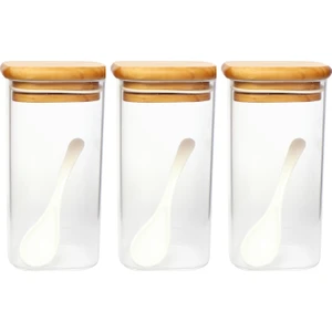 Tios Home 3'lü 430ML Ahşap Kayın Ağacı Kapaklı Vakumlu Mika Akrilik Baharatlık Şekerlik Tuzluk Saklama Kutusu