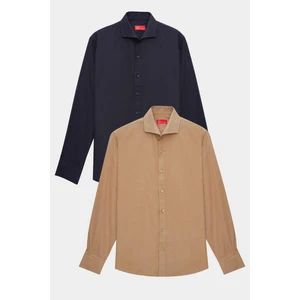 Ds Damat Slim Fit Lacivert/kahverengi Italyan Yaka Kolay Ütülenebilir 2'li Gömlek 2HF02ORTBN86