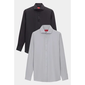 Ds Damat Slim Fit Gri Italyan Yaka Kolay Ütülenebilir 2'li Gömlek 2HF02ORTBN86