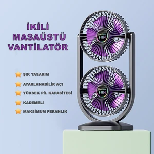 İkili Fan Vantilatör Şarjlı Masaüstü Vantilatör Fan - Yüksek Pil Kapasitesi - Güçlü Fan Motoru - Ayarlanabilir Başlık - Maksimum Serinlik