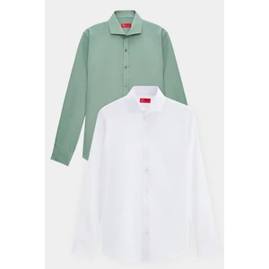 Ds Damat Slim Fit Yeşil/beyaz Italyan Yaka Kolay Ütülenebilir 2'li Gömlek 2HF02ORTBN86