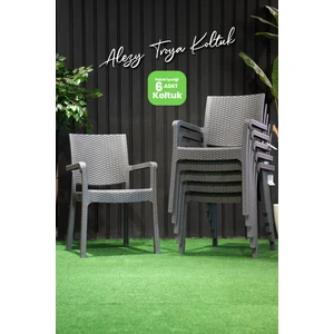 Troya Rattan Desenli Kollu Koltuk Bahçe Balkon Koltuğu 6'lı Set Antrasit Gri