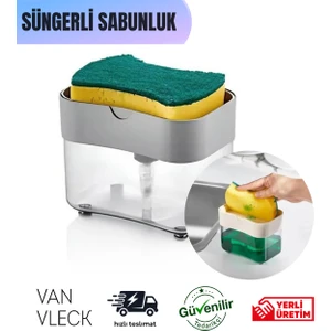Pompalı Süngerli Deterjanlık – Beyaz, Gri Sıvı Sabunluk, Pratik Mutfak Bulaşık Deterjanlığı