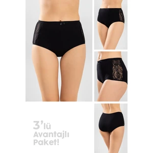 Kadın Yanları Dantel Bato Külot 3'lü Set 8872 Siyah