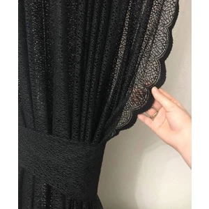 2 Kanat Renkli Siyah Petek Desen Bağcıklı Tül Fon Perde 2 Kanat