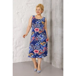 Kadın Lacivert Pembe Tropikal Desen Askılı Büyük Beden Elbise