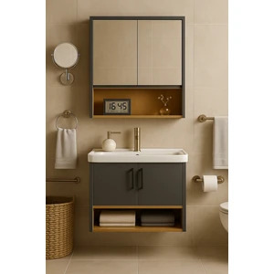 Dmz Home Concept Legna 80 cm Antrasit & Ahşap Banyo Dolabı Takımı Alt ve Üst Dolaplı (Lavabo Dahil)
