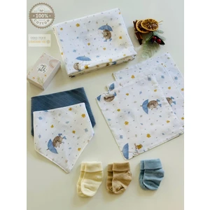 Fulya Tuhafiye Ftbabycollection %100 Pamuk Yenidoğan Müslin Hediye Seti ( Battaniye ,çorap , Önlük, Ağız Mendili Seti )
