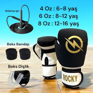 Rocky Çocuk Boks Kicboks Muay Thai Eldiveni 4-6-8 Oz Junior Kidz Boks Eldiveni  Atlama Ipi Dişlik ve Bandaj Seti 3,5 M