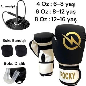 Rocky Çocuk Boks Kicboks Muay Thai Eldiveni 4-6-8 Oz Junior Kidz Boks Eldiveni  Atlama Ipi Dişlik ve Bandaj Seti 3,5 M