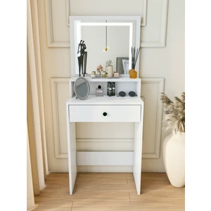 Makyaj Masası Beyaz Takı Aksesuar Düzenleyici Çekmeceli Raflı Aynalı Özel LED Ayna - 02