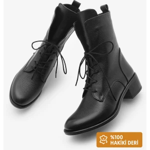 Kadın Hakiki Deri Postal Bot Bağcıklı Fermuarlı Klasik Günlük Bot Mek Siyah