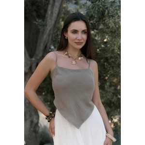 Kita Üçgen Detay Çizgili Haki Keten Crop
