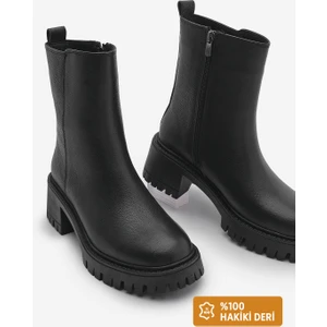 Kadın Hakiki Deri Fermuarlı Kalın Topuklu Tırtıklı Taban Günlük  Bot Forlas Siyah