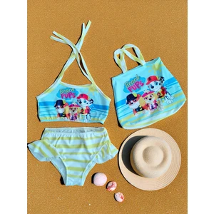 Kız Çocuk Karakter Baskılı Eteği Fırfırlı- Ip Bağlamalı Çanta Mayo Bikini 3 Lü Takım