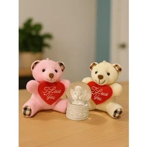 2 Adet Sevimli Mini Peluş Ayıcık ve Mini Melek Kar Küresi Set