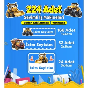 Iş Makineleri Temalı Okul Kreş Kişiye Özel Isim Etiket Seti - Model 550