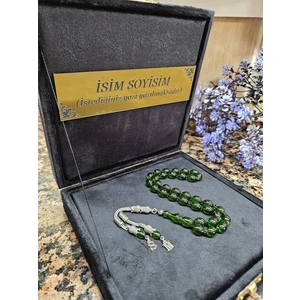 Ateş Kehribar Tesbih, Harfli Kişiye Özel Kadife Kutulu , Sıkma Kehribar ,tespih Gümüş Kaplama, Koyu Yeşil