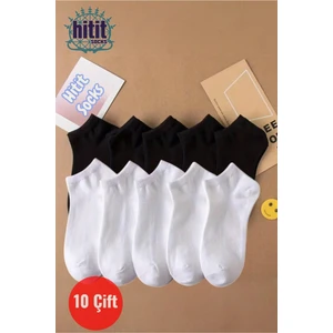 Hitit Socks Kadın 10 Çift Premium Kalite Yüksek Pamuklu Nefes Alan Patik Çorap Siyah-Beyaz