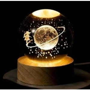 Ahşap Altlıklı Işıklı Cam Küre Güneş Sistemi Temalı, Işıklı Güneş Sistemi Küre, Dekoratif Aydınlatma