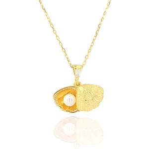 Taca Jewellery | 925 Ayar Gümüş Incili Deniz Kabuğu Kadın Gümüş Kolye (14 Ayar Altın Kaplamalı)