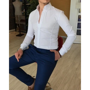 Terzi Adem İtalyan Stil Slim Fit Dik Yaka Saten Erkek Gömlek Beyaz T4754