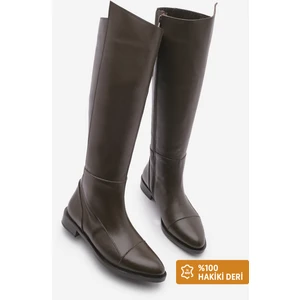 Kadın Hakiki Deri Günlük Çizme Dizaltı Fermuarlı Klasik Çizme Anis