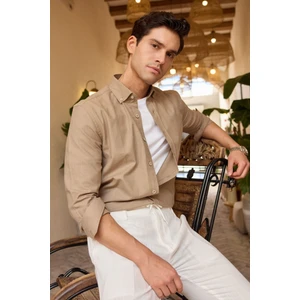 Turi Erkek Pamuk Gömlek Modern Slim Fit Keten Görünümlü Uzun Kol