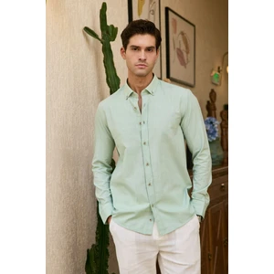 Turi Erkek Pamuk Gömlek Modern Slim Fit Keten Görünümlü Uzun Kol
