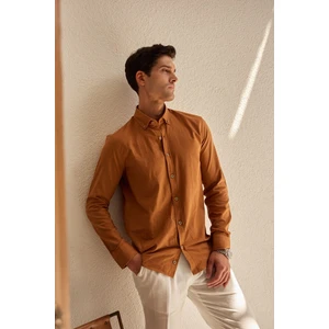 Turi Erkek Pamuk Gömlek Modern Slim Fit Keten Görünümlü Uzun Kol
