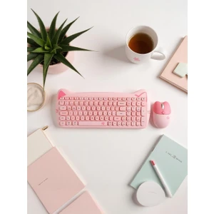 Sevimli Kedi Kablosuz Klavye ve Mouse Seti Bluetooth + 2.4g Dual Mode