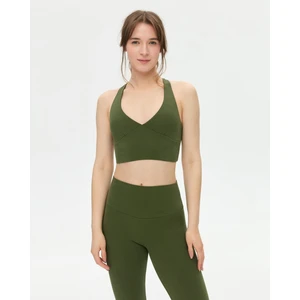 Ayma Active Haki Organik Pamuk Dekolteli Göğüs Pedli Çapraz Askılı Crop Halter Büstiyer