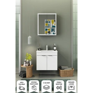 Fix Loft 65 Cm Banyo Dolabı,Seramik Lavabolu, Aynalı,Lavabo Dahil,Mdf,Mat Beyaz