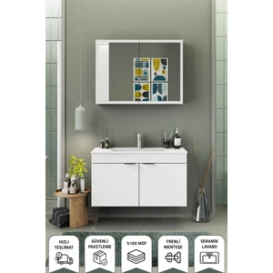Fix Loft 100 Cm Banyo Dolabı,Seramik Lavabolu, Aynalı,Lavabo Dahil,Mdf,Mat Beyaz