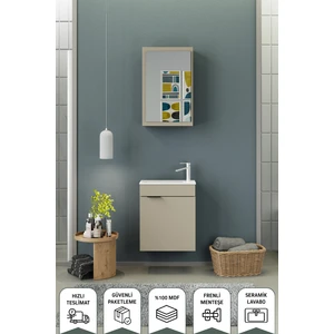 Fix Loft 50 Cm Banyo Dolabı,Seramik Lavabolu, Aynalı,Lavabo Dahil,Mdf,Latte