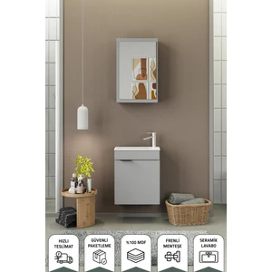 Fix Loft 50 Cm Banyo Dolabı,Seramik Lavabolu, Aynalı,Lavabo Dahil,Mdf,Mat Gri
