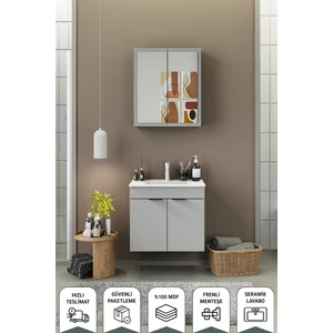 Fix Loft 65 Cm Banyo Dolabı,Seramik Lavabolu, Aynalı,Lavabo Dahil,Mdf,Mat Gri
