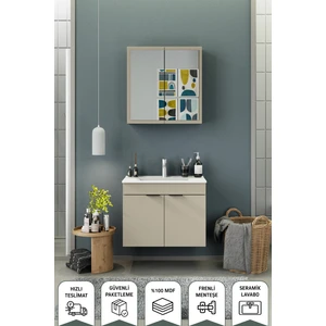 Fix Loft 75 Cm Banyo Dolabı,Seramik Lavabolu, Aynalı,Lavabo Dahil,Mdf,Latte