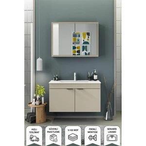 Fix Loft 100 Cm Banyo Dolabı,Seramik Lavabolu, Aynalı,Lavabo Dahil,Mdf,Latte