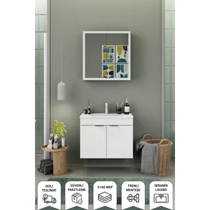 Fix Loft 85 Cm Banyo Dolabı,Seramik Lavabolu, Aynalı,Lavabo Dahil,Mdf,Mat Beyaz