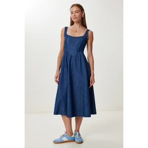 Kalın Askılı Midi Denim Elbise LFG0038 Koyu Mavi