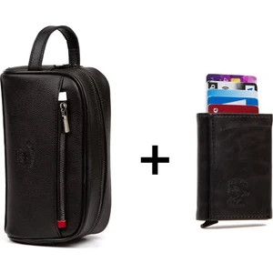 Erkek Deri Mekanizmalı Cüzdan ve Portföy Clutch Traş Kozmetik Bakım ve Günlük El Çantası (14X24CM) NEWPOLO171  - Siyah - Siyah