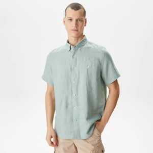 Erkek Yeşil Classic Fit Kısa Kollu Keten Gömlek