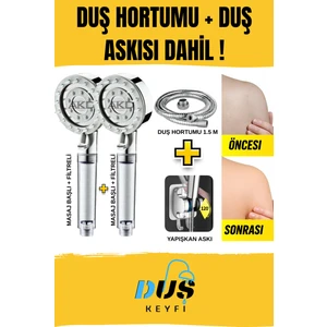 2 Adet Filtreli Masajlı Duş Başlığı + 1.5m Paslanmaz Çelik Duş Hortumu + Yapışkan Duş Askısı Dahil | Su Tasarruflu, Basınçlı, Kireç Önleyici | Akd Duş Keyfi