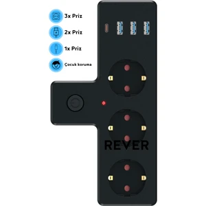 Akım Korumalı 3'lü Priz 3x USB / 1x Type-C / 3x Priz Duvar Tipi Çoğaltıcı