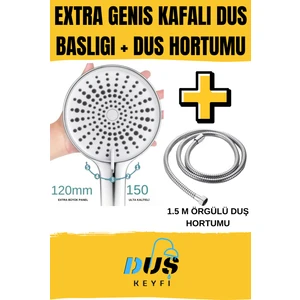 120MM Extra Geniş Başlıklı Duş Başlığı + 1.5 Metre Paslanmaz Çelik Örgülü Duş Hortumu | Su Tasarruflu, Basınçlı, Dayanıklı | Akd Duş Keyfi