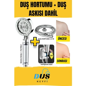 Masaj Başlıklı Filtreli Duş Başlığı + 1.5m Duş Hortumu + Yapışkan Duş Askısı Seti | Akd Marka - Duş Keyfi