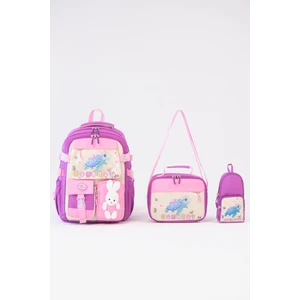 Kaplumbağa Figürlü 3'lü Kız Çocuk Okul Çantası Seti - Kalemlik ve Beslenmeli Ilkokul Sırt Çantası